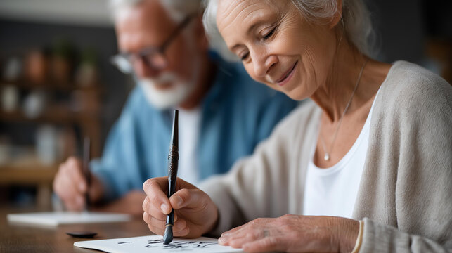 Rear view of a senior couple practicing calligraphy together at a desk, traditional art hobby concept, retirement creative activity, shared cultural craft, defocused background, with copy