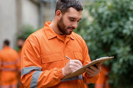 Young man filling clipboard form at outdoor site
