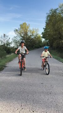 Two happy brothers riding bikes in a country road