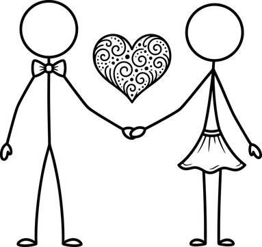 Stick figure couple holding hands with heart between them in romantic gesture