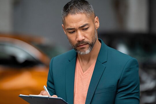 Middle aged man writing on clipboard near parked vehicles