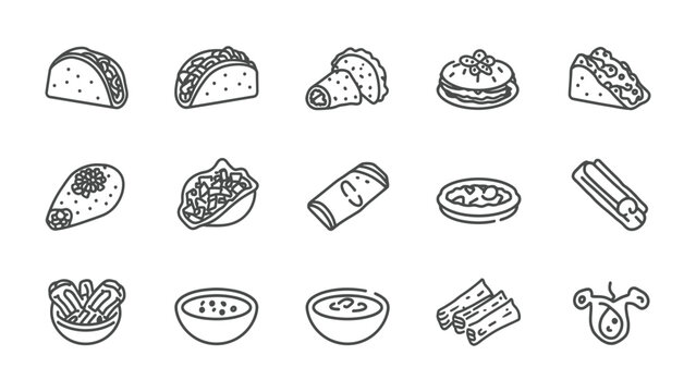Mexican Food Icons: A collection of hand-drawn line art icons representing various delicious Mexican food items, from tacos to churros, perfect for menus or recipe books.