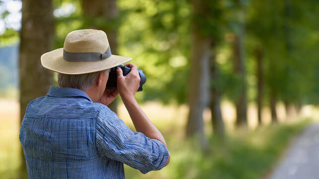 Rear view of a senior man photographing nature in a park with a camera, outdoor photography hobby concept, retirement creative lifestyle, nature exploration, defocused background, with copy