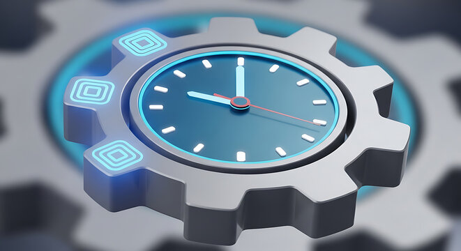 Time management concept featuring blue clock face integrated into large metallic mechanical gear with glowing square symbols representing efficiency.