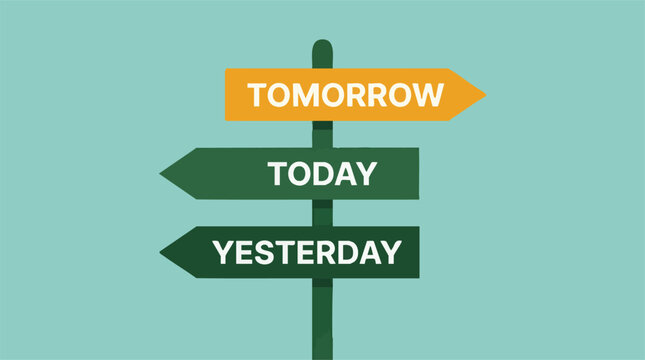 Signpost with Tomorrow, Today, Yesterday arrows on blue background