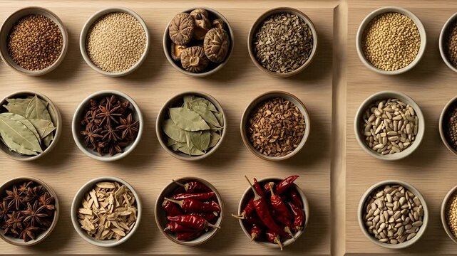 Array of spices, seeds, and peppers displayed in small bowls on a light wooden surface
