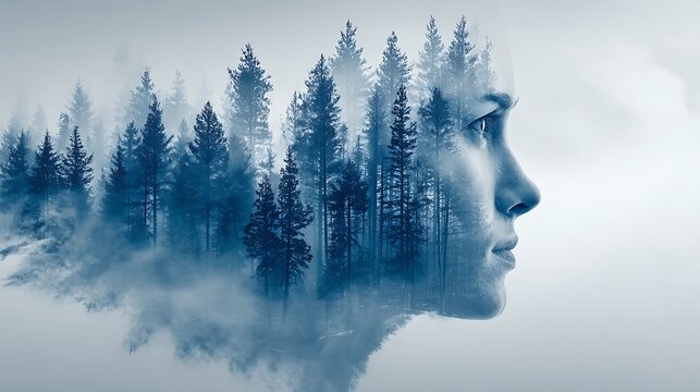Double exposure portrait of a woman looking sideways with a dense pine forest in the