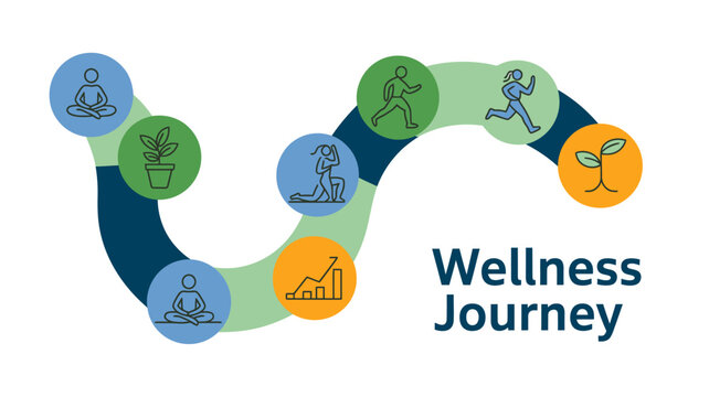 Wellness journey infographic with icons and colorful curved lines on white background