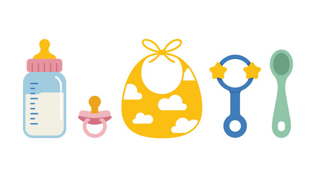 Colorful baby items for newborns and infants on white background