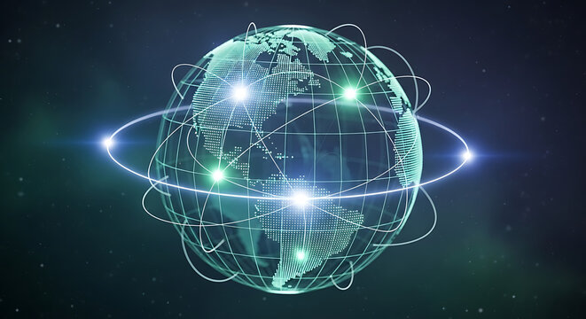 Digital communication network global globe planet earth connectivity concept with light rays and glowing data lines for internet connection background.