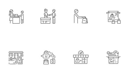 Fototapeta premium Retail process line drawing: Linear rendition of retail activities and elements illustrating transaction from customer interactions to shop display
