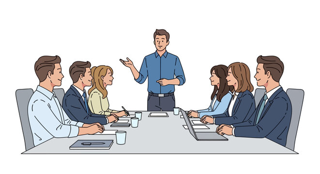 Business meeting with team presenting ideas around conference table