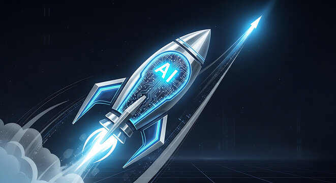 Metallic rocket launching into space with glowing ai logo on its body representing high speed artificial intelligence development and tech growth.