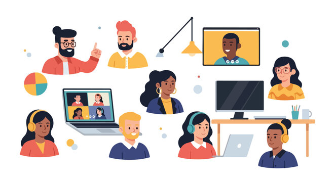 This flat vector illustration features a diverse group of individuals engaging in remote work activities like video calls and virtual meetings.