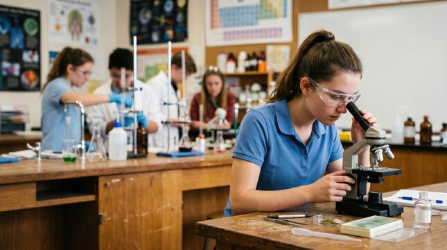 Young students in a science lab using microscopes and conducting experiments.