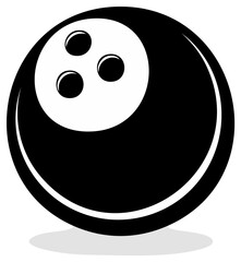 Fototapeta premium A black bowling ball in a simplified graphic style with three finger holes and a soft shadow creating a playful vector look.