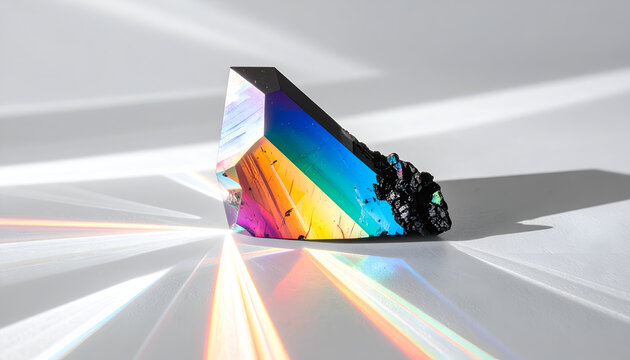 Prism refracts light into a spectrum of vibrant rainbow colors on a white background.