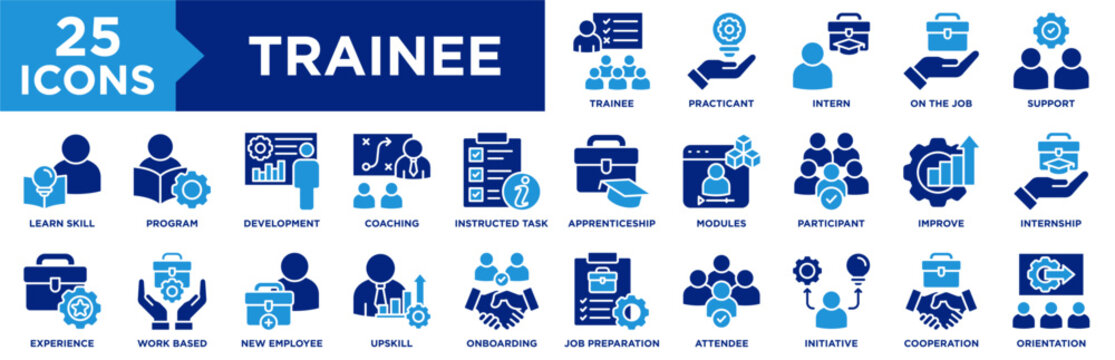 Trainee Icon Set Collection. Icon Pack Contain Intern, Participant, Attendee,  Upskill, Orientation, Development, On The Job, Learn Skill, Support