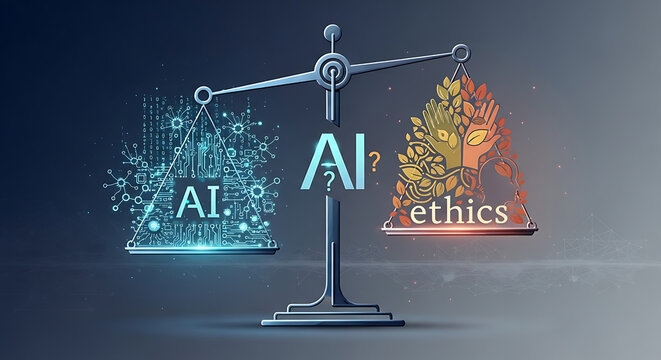 Artificial intelligence balancing with ethics on scales, concept of responsible AI development and moral decision-making, digital circuit and natural elements.