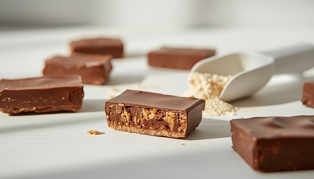Wooden blocks with chocolate and cookie crumbs on white surface