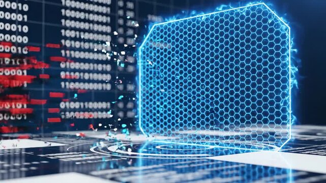 A futuristic digital cube with a honeycomb pattern glows brightly on a sleek surface surrounded by red and white binary code
