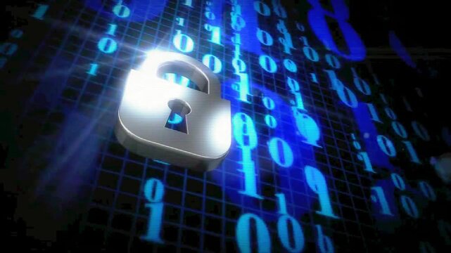 Secure Digital Data Concept with 3D Silver Padlock Over Blue Binary Code Background
