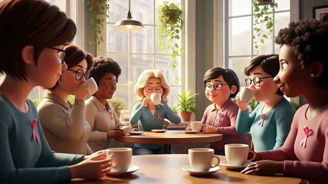 Animated group of women with pink ribbons drink from cups at a round table indoors