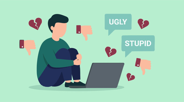 Young person suffering from cyberbullying and online hate on laptop