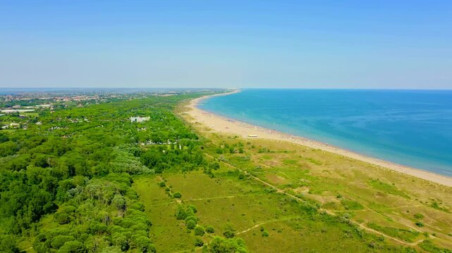 Venice, Italy. Beaches of Punta Sabbioni. Cavallino-Treporti. Clear sunny weather. Drone footage