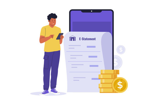 Illustration of Checking Digital Bank E-Statement on Smartphone. A man reviewing his monthly bank e-statement on a smartphone, representing eco-friendly and paperless financial record keeping