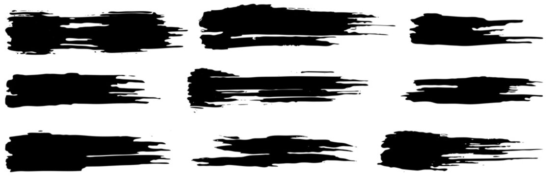 Manual broad flat bristle brush strokes. Thick black ink swipes with wide hair texture. Hand-painted large paint marks for artistic backgrounds and bold graphic designs.