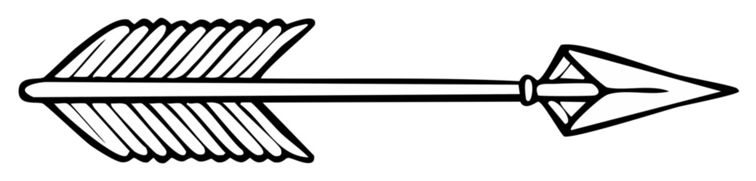 Primitive tribal arrow with feathered fletching and arrowhead illustration