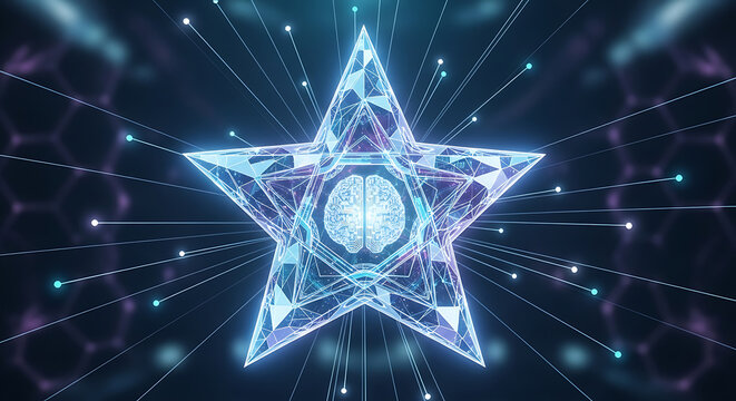 Geometric star shape with internal luminous brain illustration symbolizing advanced artificial intelligence consciousness and complex digital network connections.