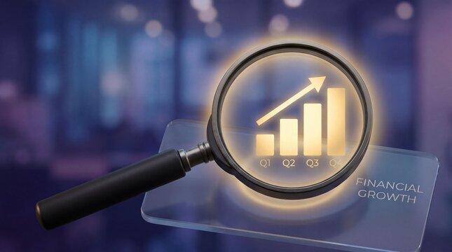 Financial growth analysis Magnifying glass focusing on a glowing golden upward bar chart with quarterly labels, Business success concept