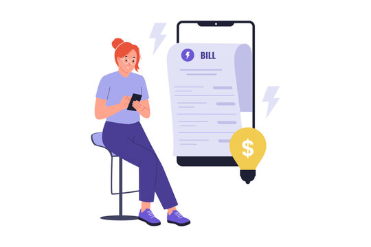 Illustration of Paying Electricity Utility Bill via Mobile Phone. A woman paying her electricity bill using a mobile app, illustrated with a lightbulb icon and energy symbols for clear financial conte