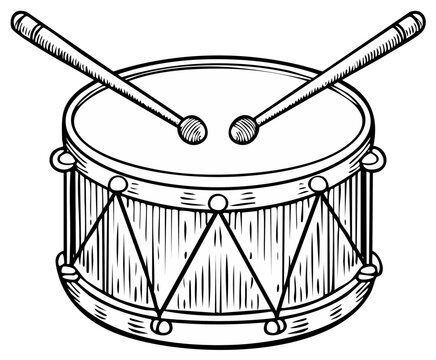 Illustration of a drum with drumsticks. Musical instrument sketch.