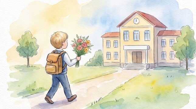 Young boy walking to school with a backpack and a bouquet of flowers, approaching school building