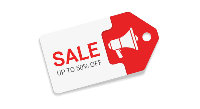 Red sale tag with 'Up To 50% Off' text and megaphone icon on white background