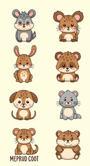 Fototapeta premium A collection of eight adorable cartoon animals including mice, a rabbit, a leopard cub, a puppy, and a hamster, all rendered in a cute, chibi style.