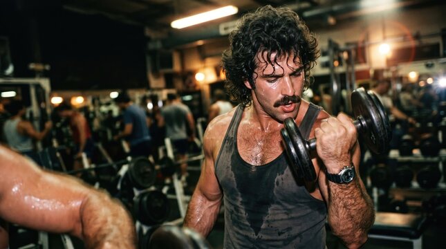 Man with mustache working out with dumbbells in a gym