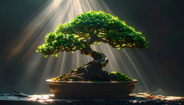 Majestic Bonsai Tree Bathed in Dramatic Sunbeams.