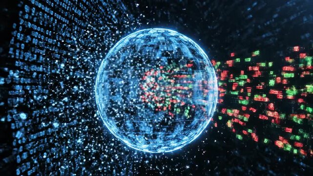 A digital illustration of a glowing blue sphere with multicolored particles