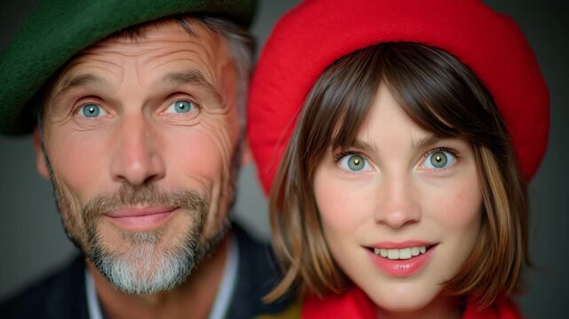 Caucasian man and woman wearing green and red berets express different emotions in a close-up portrait series, showcasing their facial reactions and engagement in conversation