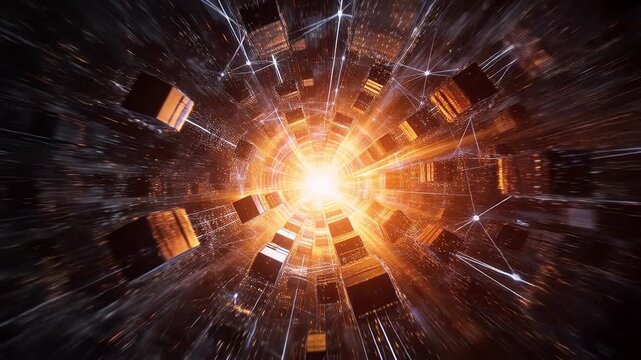 Abstract digital network of connected glowing cubes in orange and dark space
