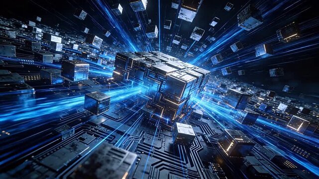 Digital data visualization with floating cubes and blue light streams in cyberspace