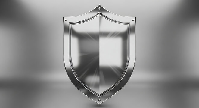 polished silver shield standing upright on a metallic floor with soft spotlights and reflections depicting security protection safety and digital defense system.