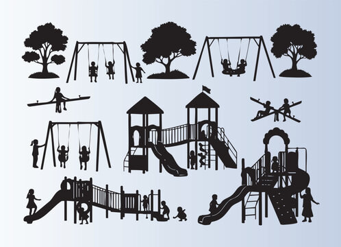 Cute silhouette illustrations of children playing on swings slides and playground equipment fun activities