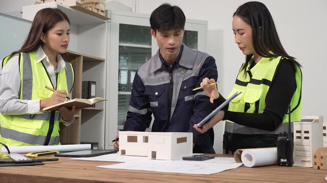Construction team meeting indoors reviewing house model and blueprints on table, engineers in safety vests discussing project planning and design.