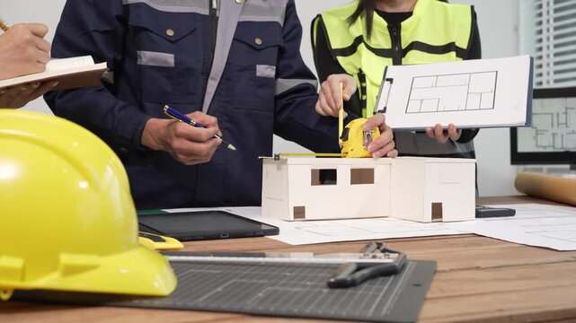 Architects and engineers reviewing floor plan with scale model on desk, measuring tape and hardhat in construction office, teamwork and project planning concept.