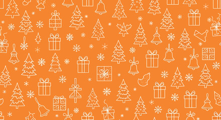 Fototapeta premium A festive orange background pattern featuring a repeating arrangement of white line-art Christmas icons, including trees, gifts, bells, snowflakes, and stockings.